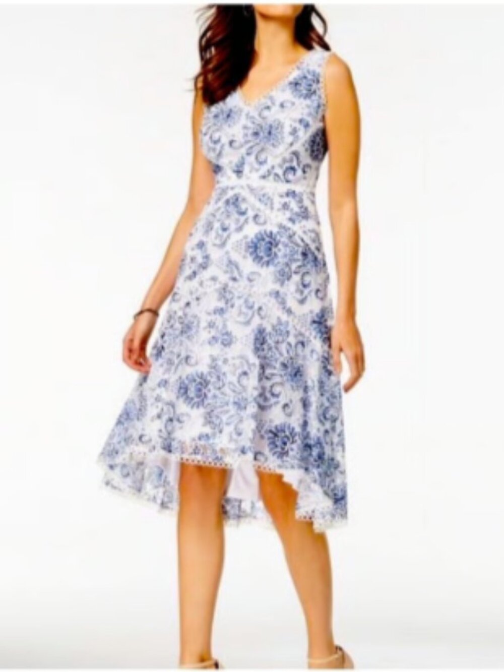 Taylor Blue and White Floral Eyelet Lace Flowing Midi V-Neck Dress NTW Size 8